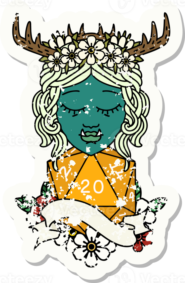Retro Tattoo Style half orc druid character with natural 20 dice roll png