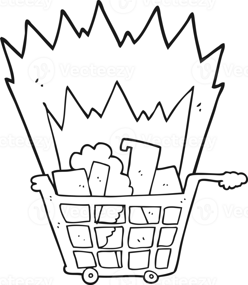 hand drawn black and white cartoon shopping trolley png