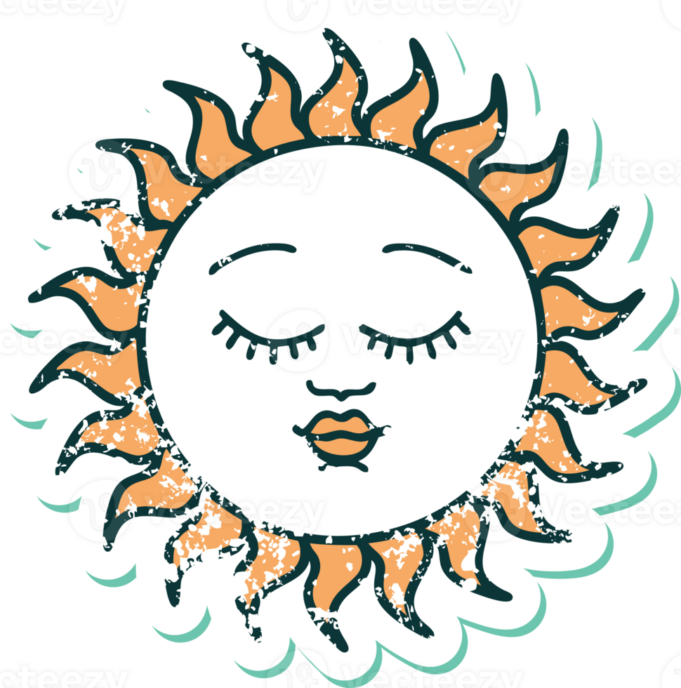 iconic distressed sticker tattoo style image of a sun with face png