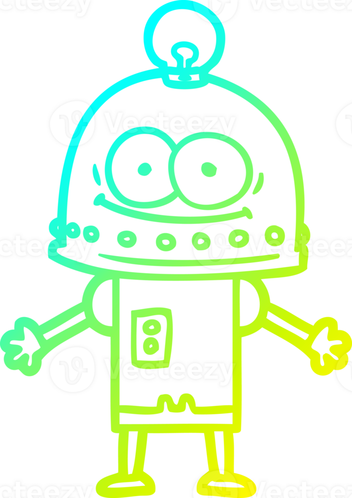 cold gradient line drawing of a happy carton robot with light bulb png