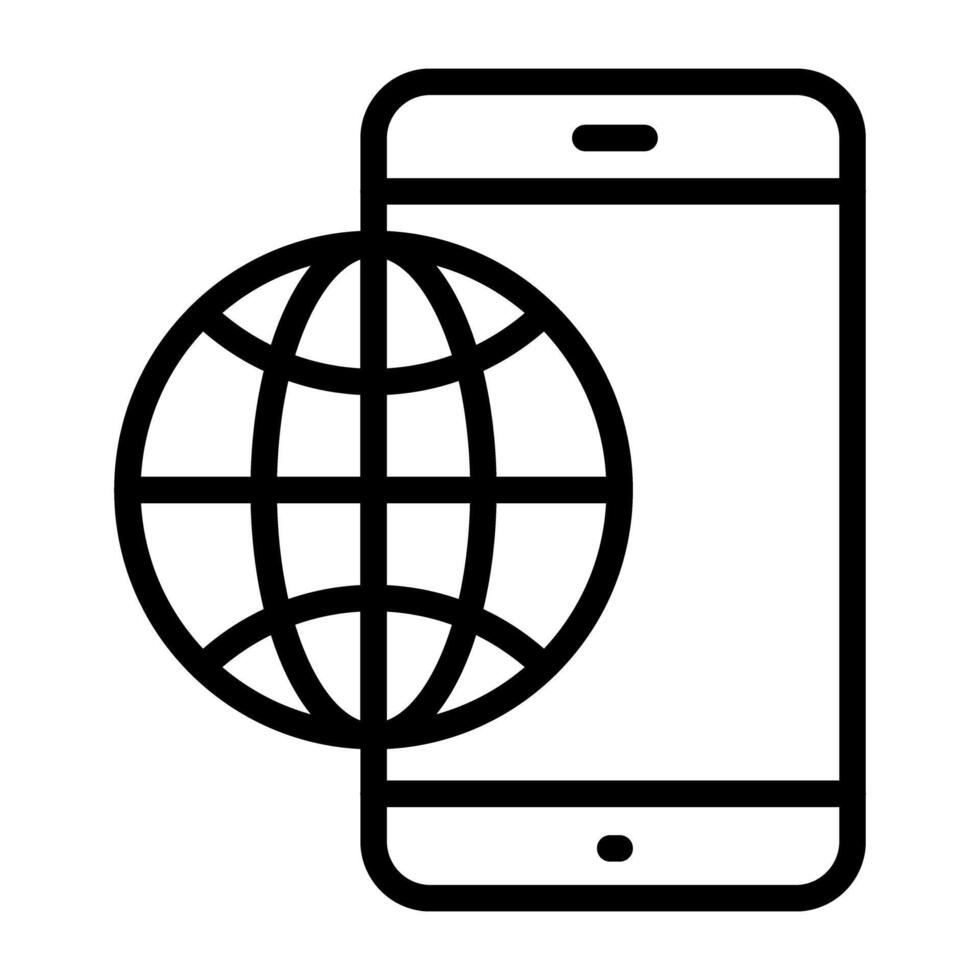 Globe with smartphone, linear design of mobile browser icon vector