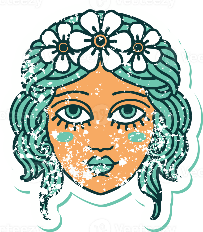iconic distressed sticker tattoo style image of female face with crown of flowers png