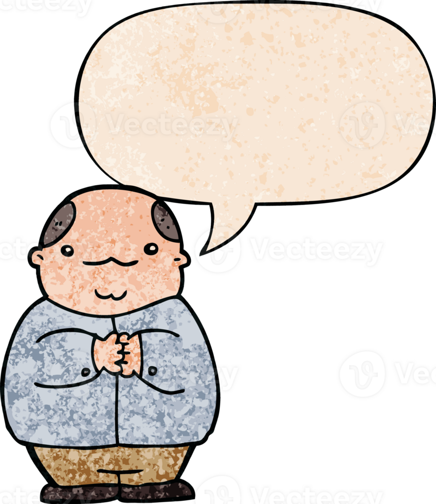 cartoon balding man with speech bubble in retro texture style png