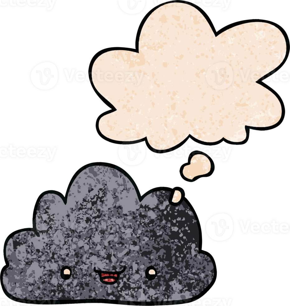 cartoon tiny happy cloud with thought bubble in grunge texture style png