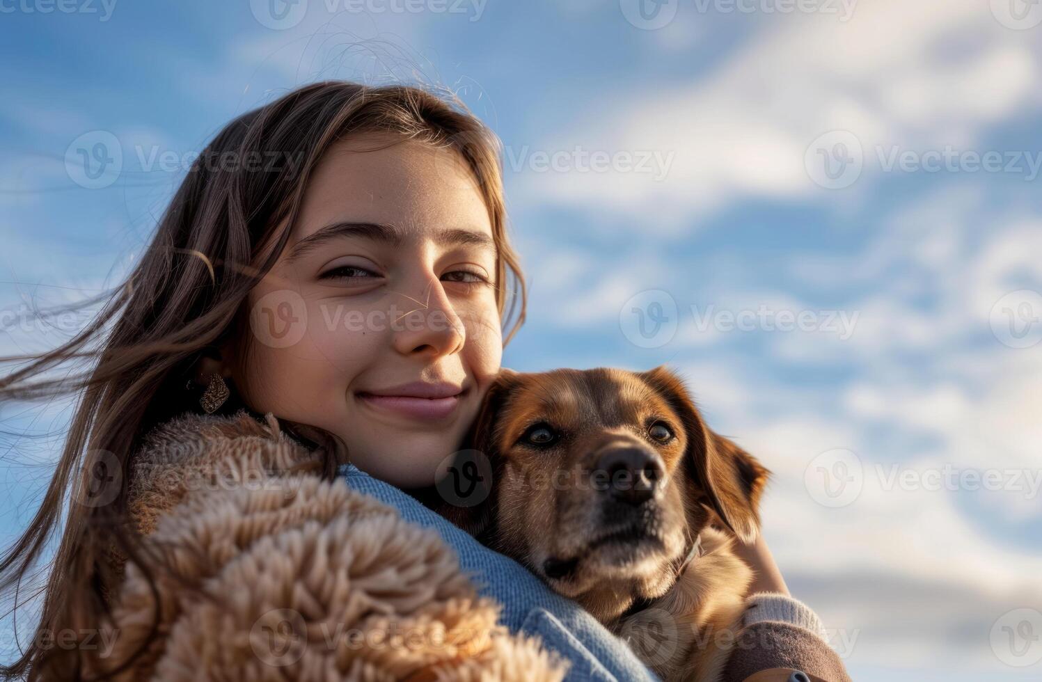 AI generated A young woman holds a dog outdoors, passionate kiss pic photo