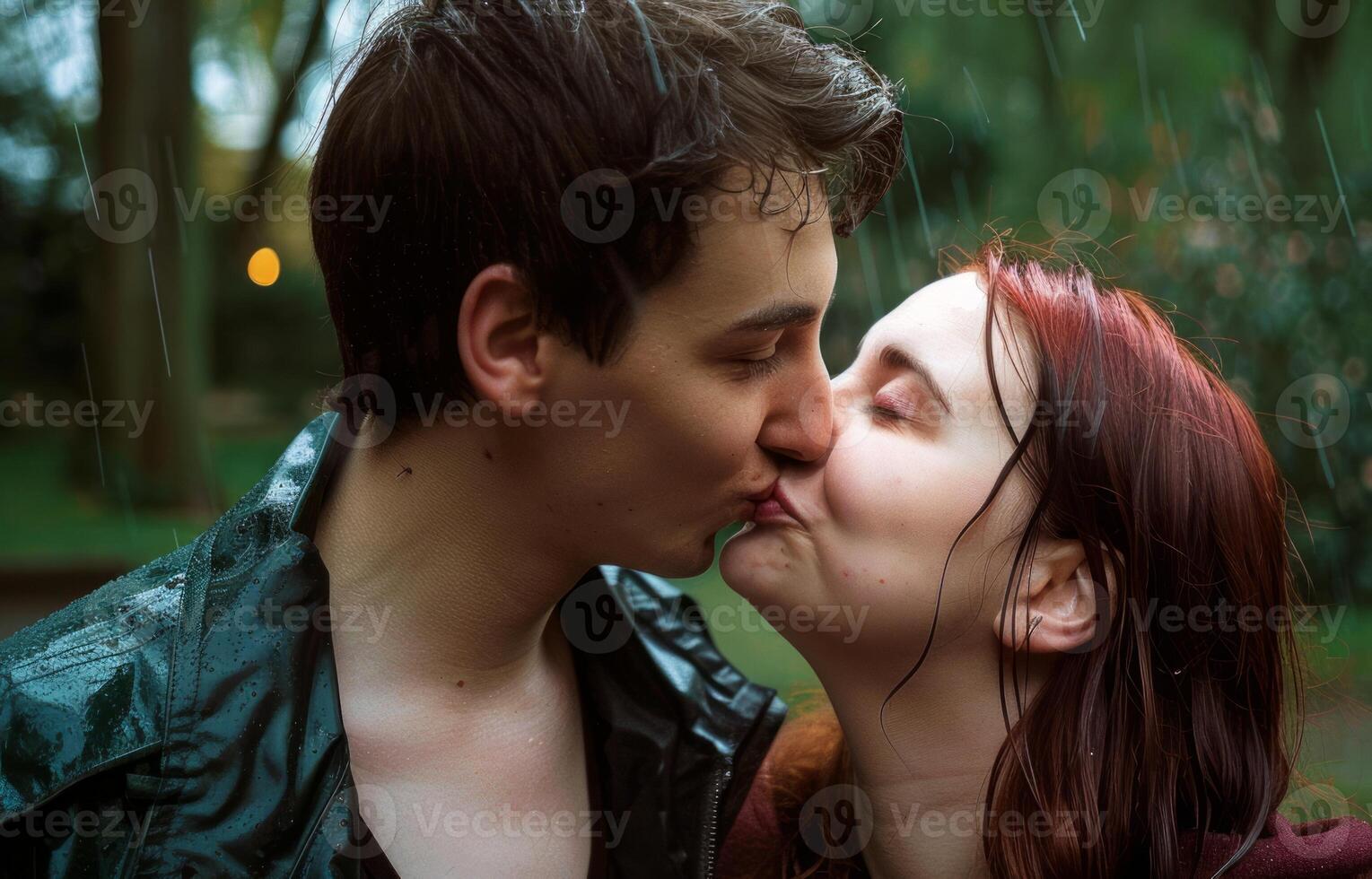 AI generated A couple kissing the rain in a park setting, passionate kiss pic photo