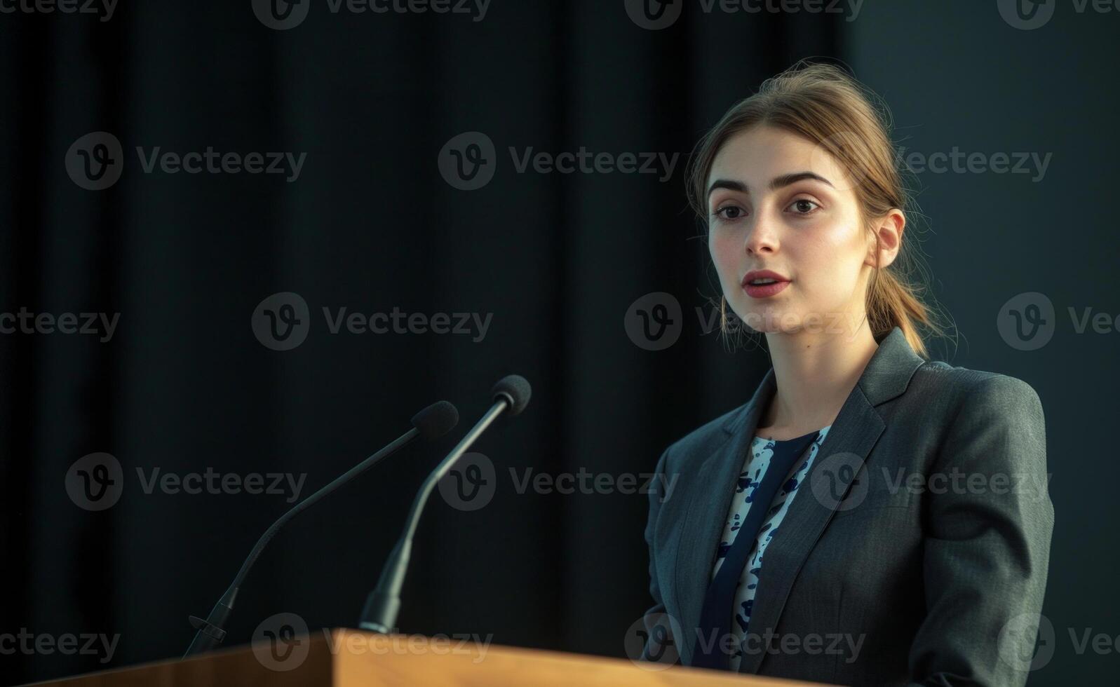 AI generated Young woman in business suit stands at podium speaking confidently, labour day image photo