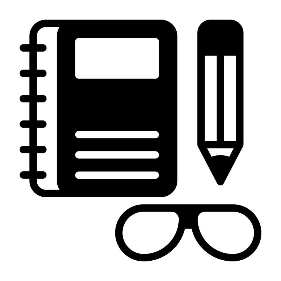 Notebook with pencil and glasses, icon of educational accessory vector