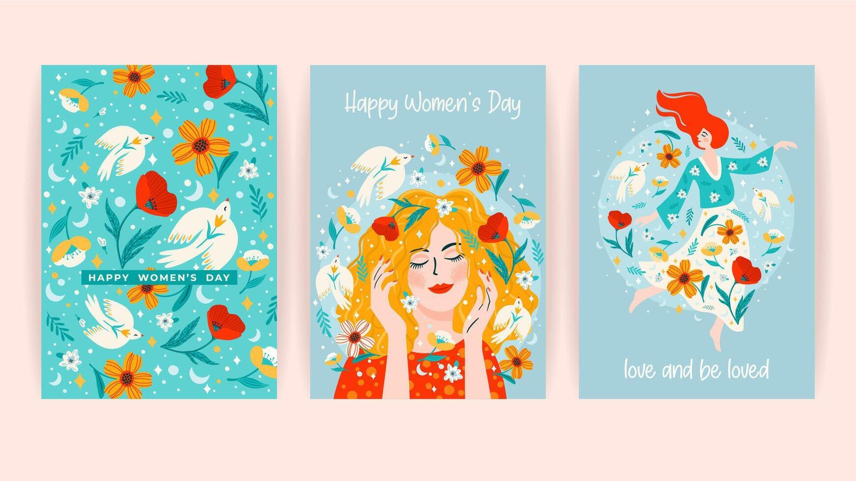 conjunto de tarjetas con mujer, flores y aves. vector diseño concepto para internacional mujer s día y otro utilizar