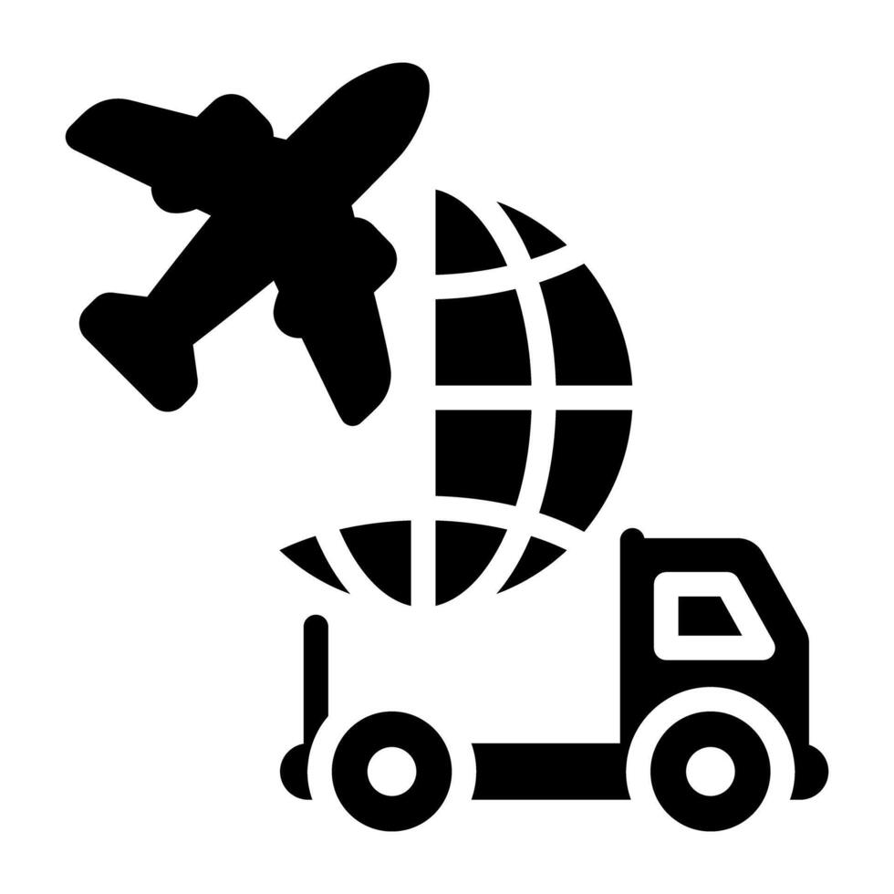 Globe with airplane, global travel icon vector