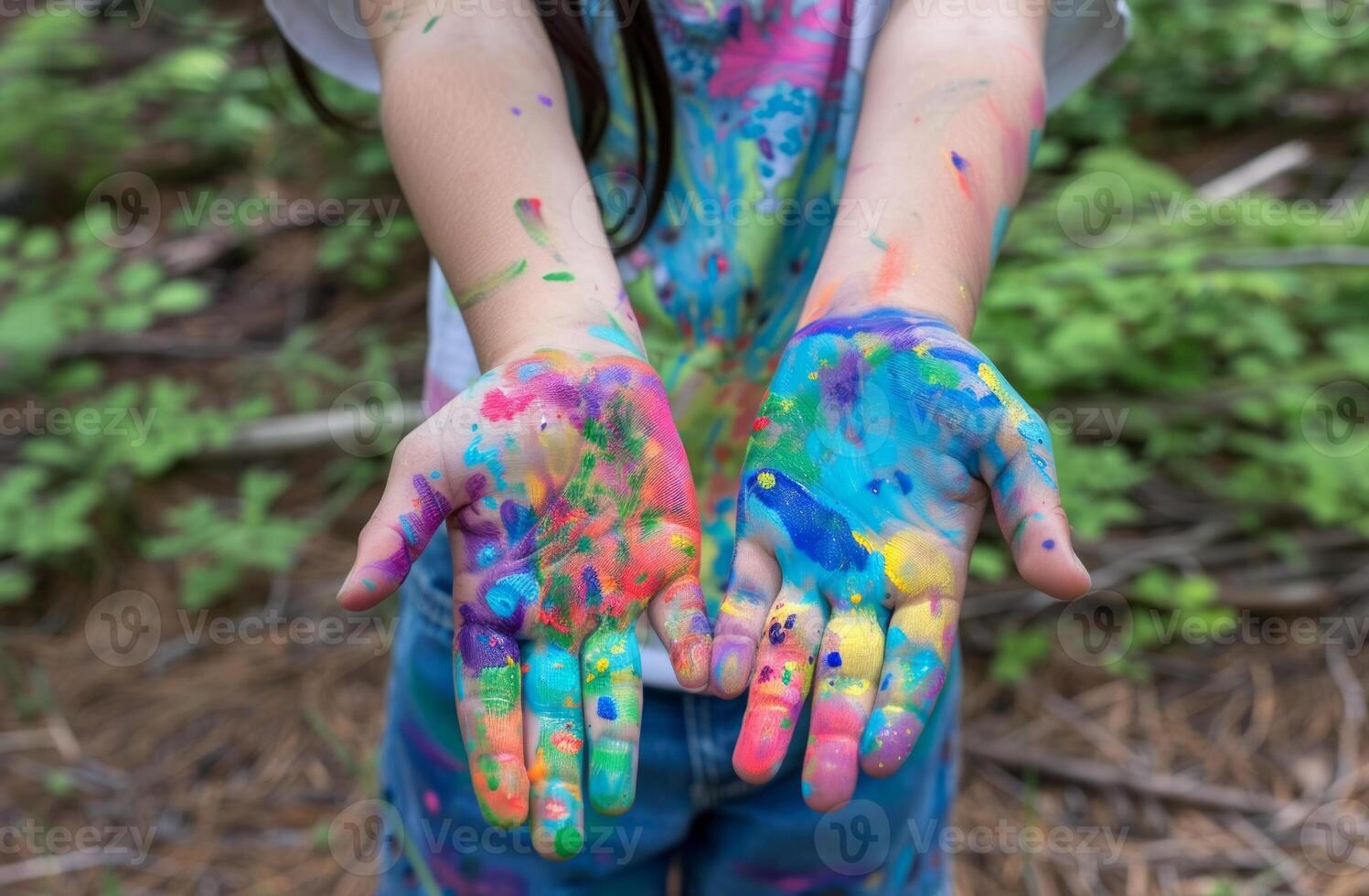 AI generated A girl hands painted in various colors, creative world art pic photo