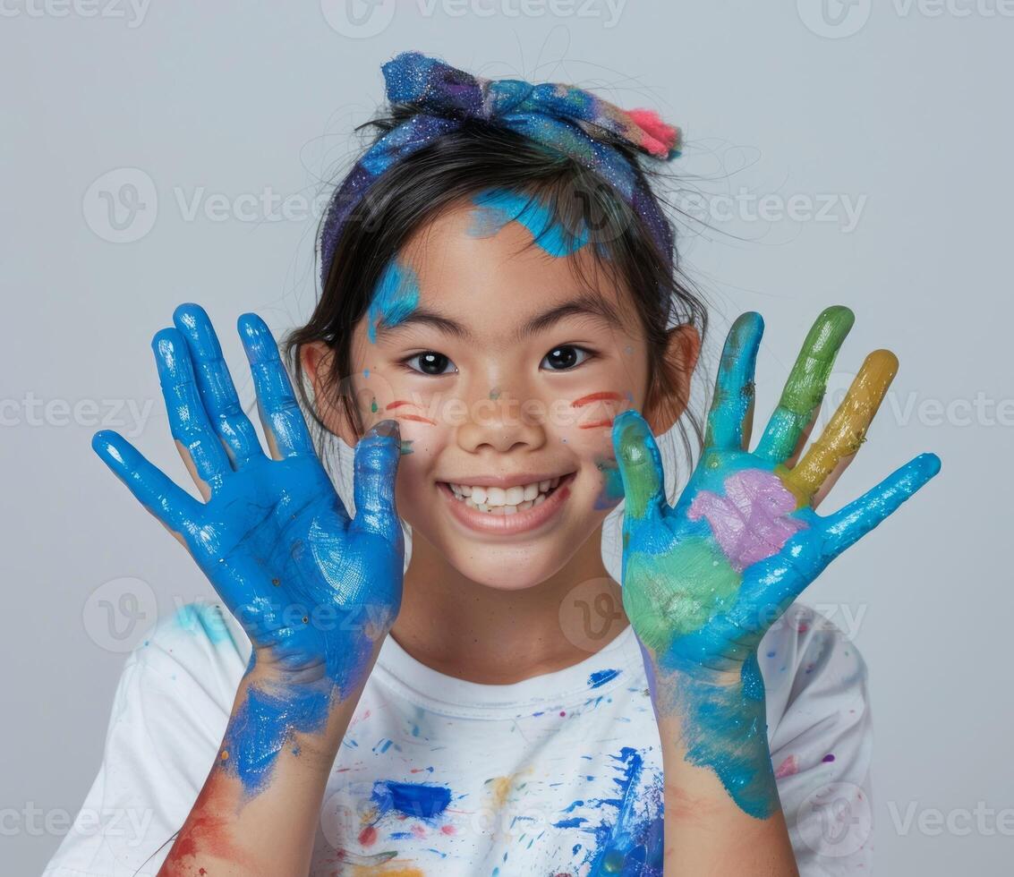 AI generated Young girl with painted hands on white background, world art day photography photo
