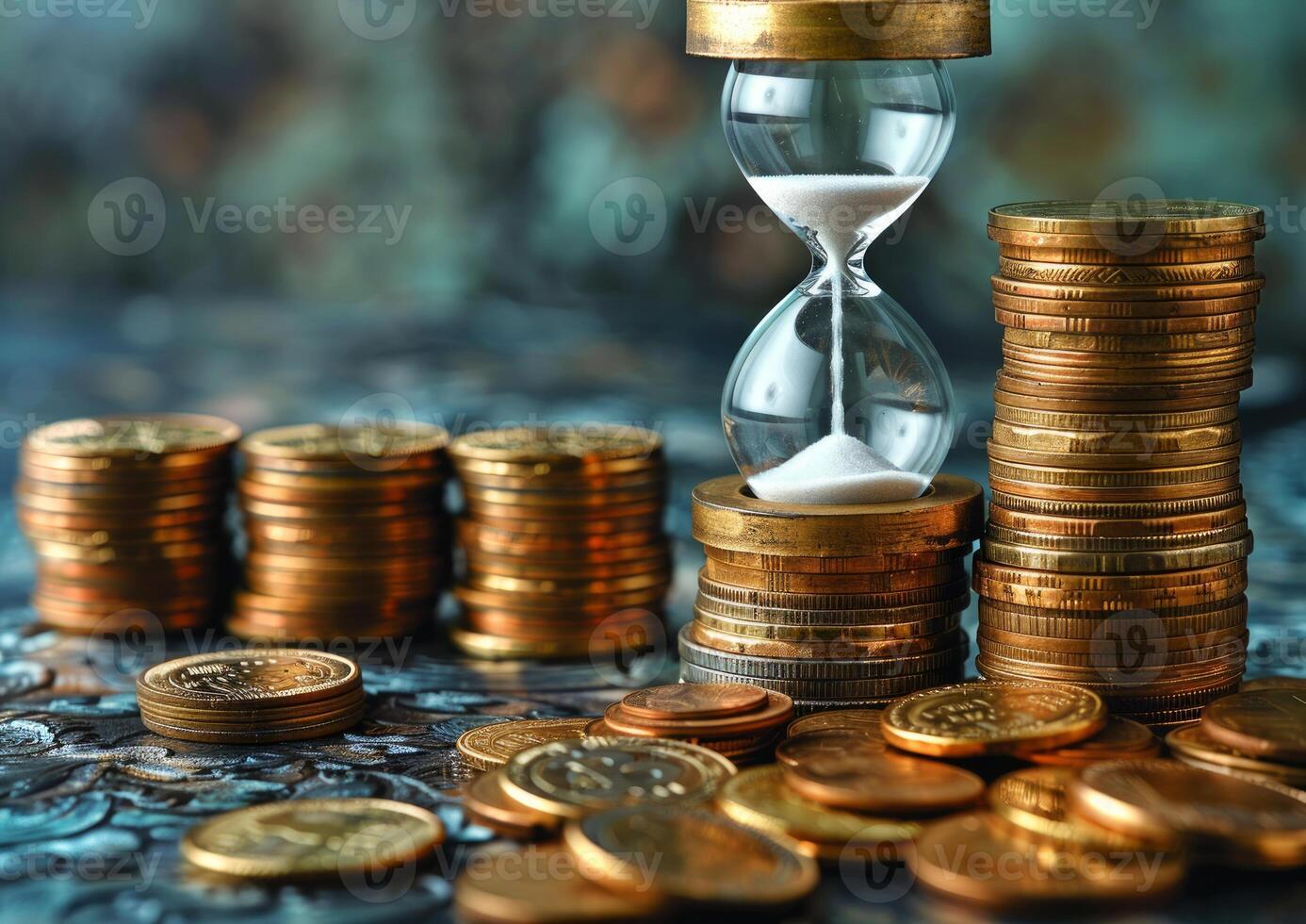 AI generated An hourglass and a stack of coins symbolizing the connection time and money, inflation around the world design photo