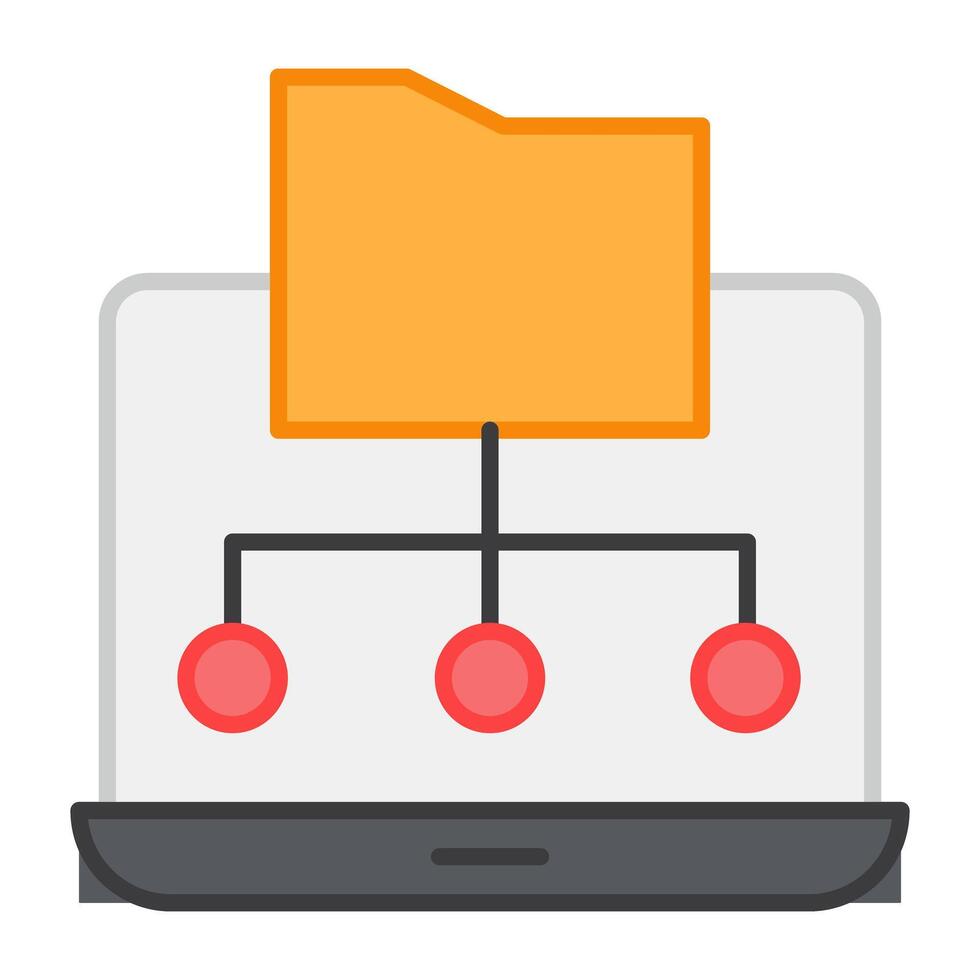 Folder with nodes inside laptop, flat design of folder network vector