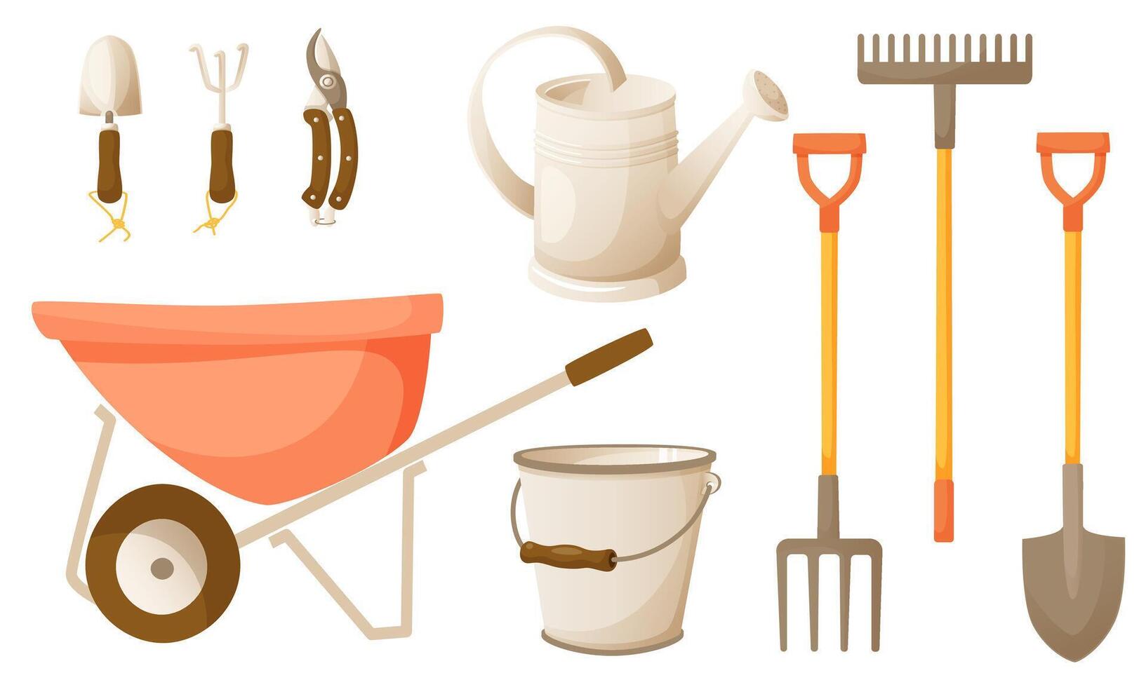 Set of various gardening tools and garden supplies. Garden cart, bucket, watering can, shovel and rake, pruning shears. Farm set. Vector illustration on a white background.