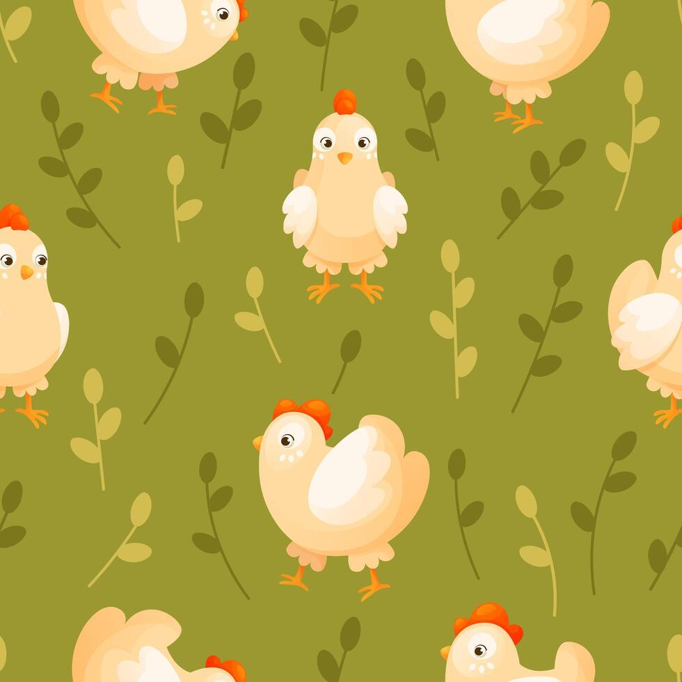 Seamless pattern with white chickens on a green meadow with foliage. Seamless pattern with domestic farm poultry on the lawn. Texture, background suitable for Easter card, textile, wrapping paper vector