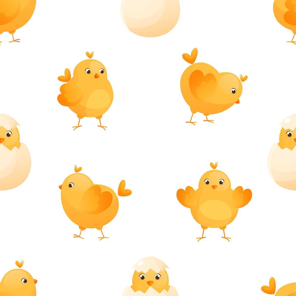 Seamless pattern with yellow chickens on a white background. Farm domestic small birds. Easter chicks. Vector pattern, background with chickens and foliage. Suitable for packaging design, textiles