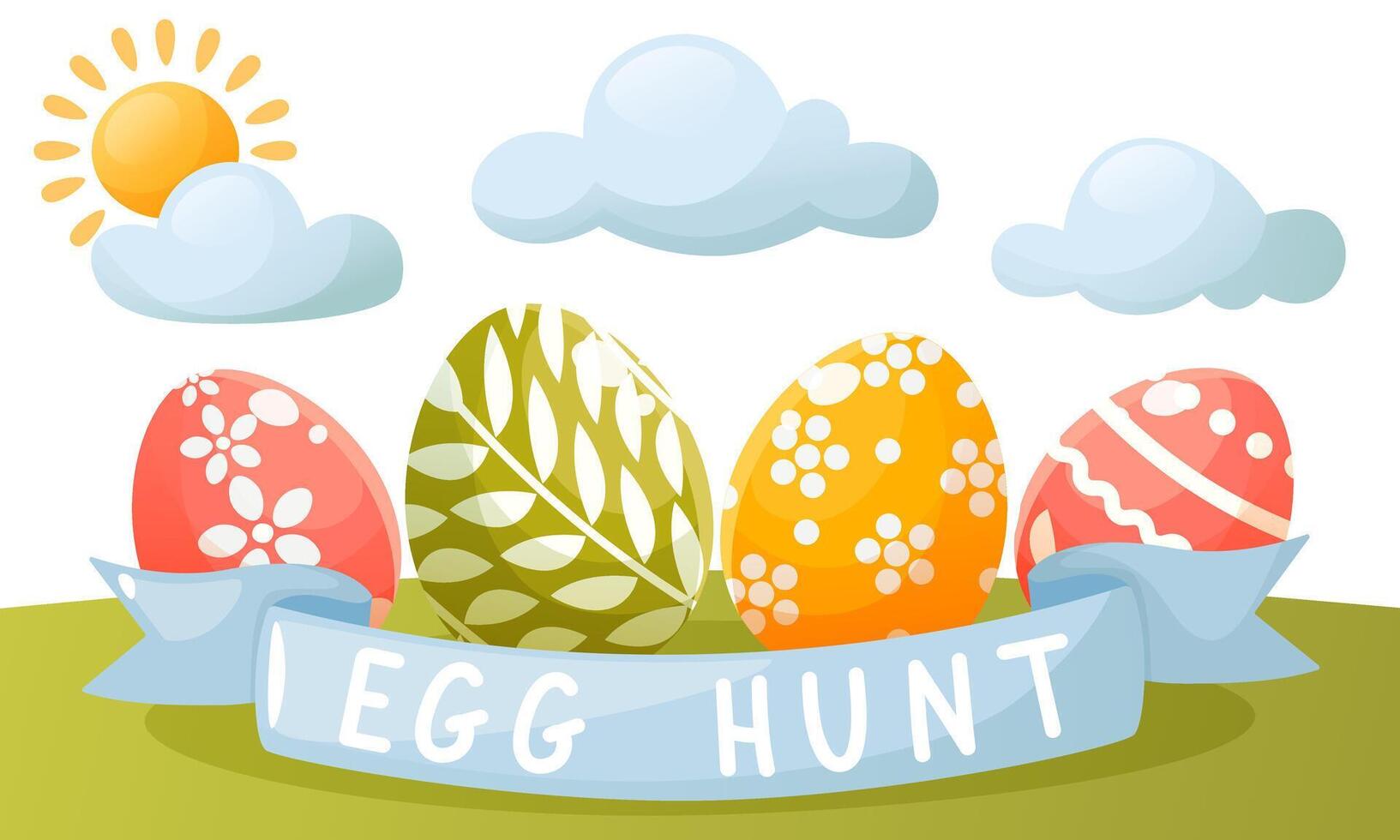 Colorful poster, banner on the theme of Easter egg hunt, Happy Easter. Multi-colored painted Easter eggs with ribbon and text on a green meadow with sun and clouds. Spring vector illustration.
