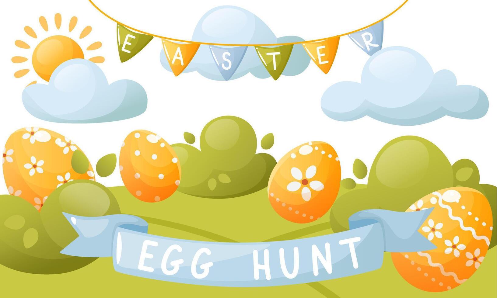 Vector cute illustration of an Easter egg hunt, Easter painted eggs hidden in the bushes and grass. Suitable for Easter banners, invitations, cards, flyers.