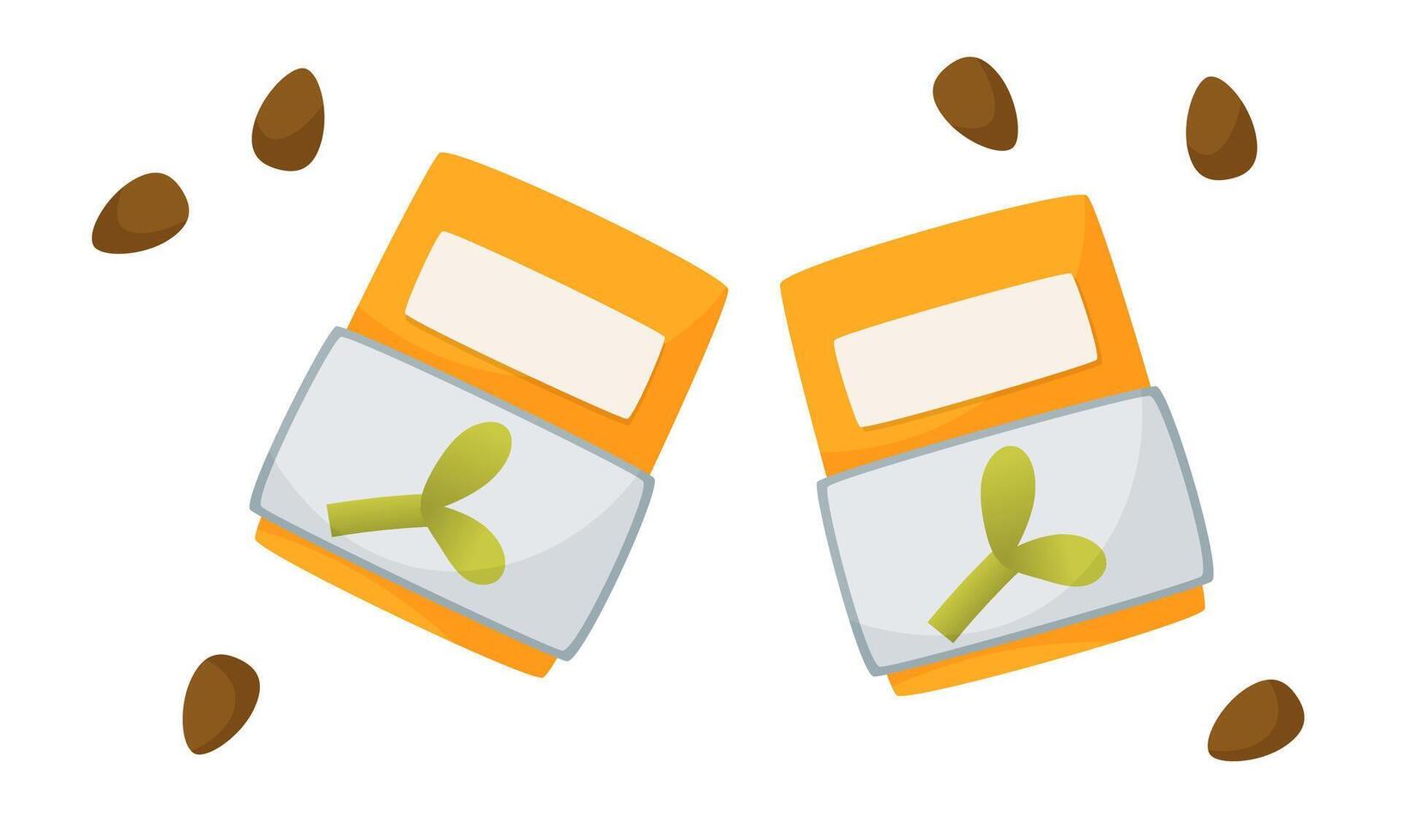 Vector illustration of packages of seeds of vegetables, fruits, flowers for seedlings. Packets of plant seeds for the spring gardening season. Scattered plant seeds. Seeds in a paper bag.