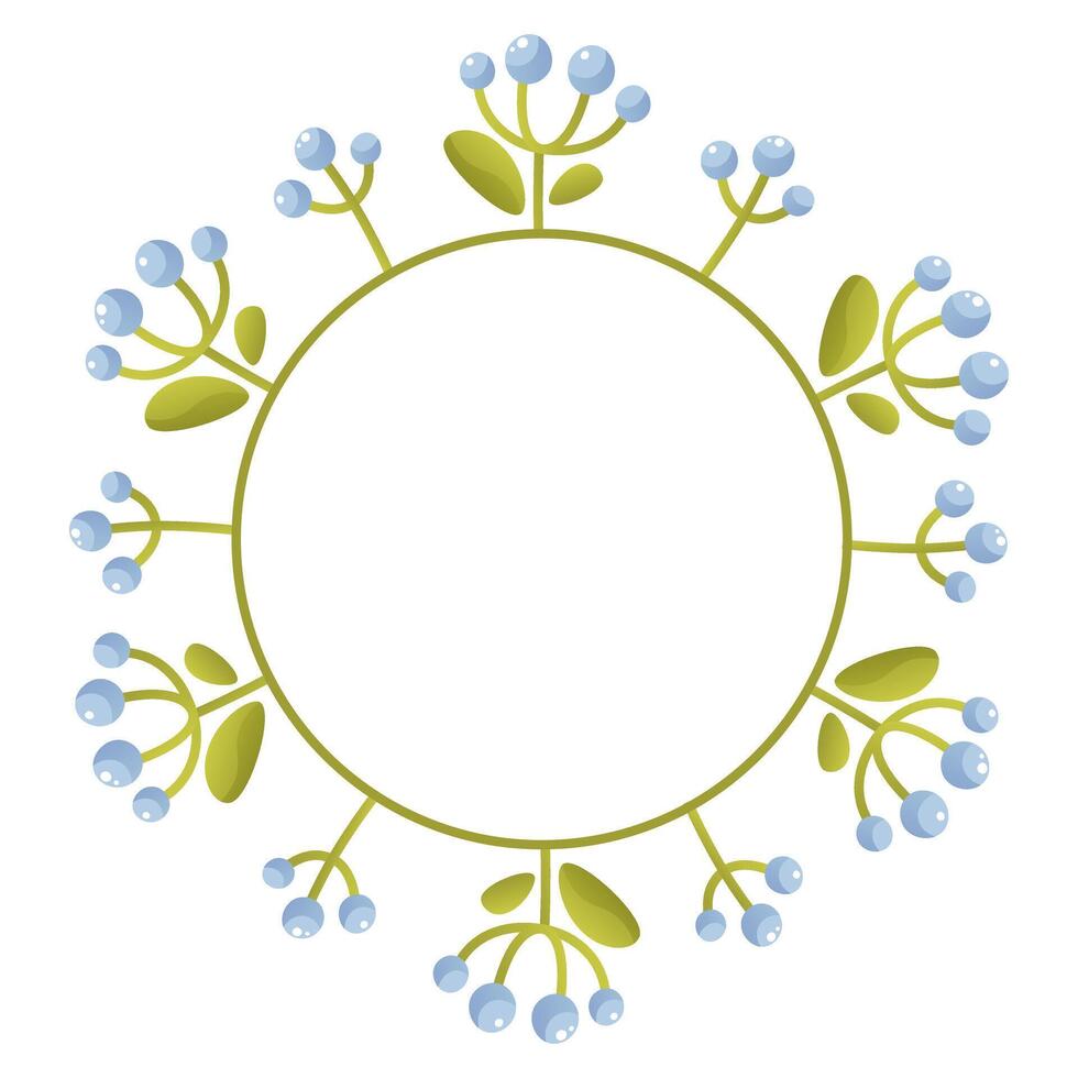 Cute floral wreath with different flowers on the stem, leaves, space for text. vector
