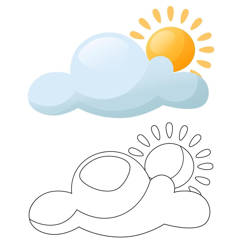 Children's coloring book cloud and sun with a coloring sample. Contour image of a cloud and the sun on a white background in a cartoon style. Coloring scheme for the youngest children vector