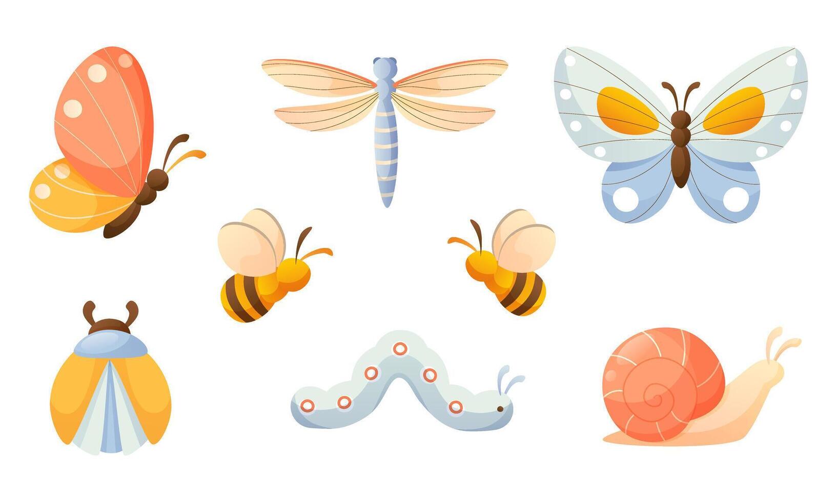 conjunto con linda insectos primavera verano insectos mariposa, libélula, abejas, caracol, oruga, bicho. vistoso vector ilustración, clipart para el diseño de para niños libros, fiesta tarjeta, verano póster