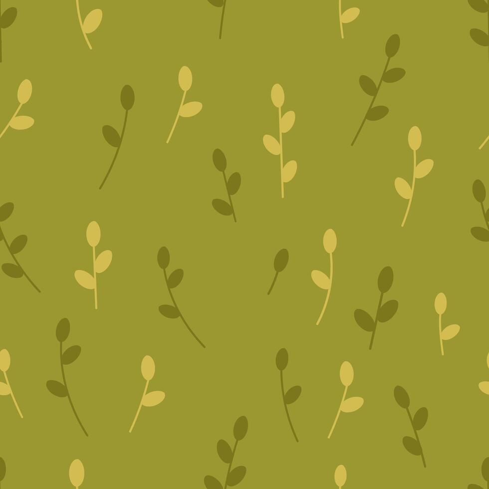 Abstract seamless pattern of green field with foliage. Lawn grass on a green background, botanical background. Vector illustration of cute meadow, summer grass.