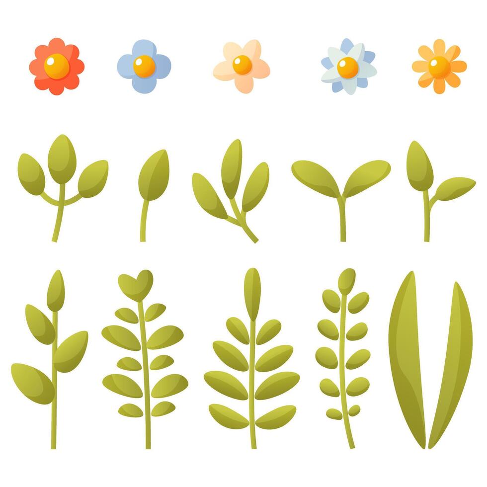 Set of different red, blue, yellow flowers, green leaves. Spring, summer vector