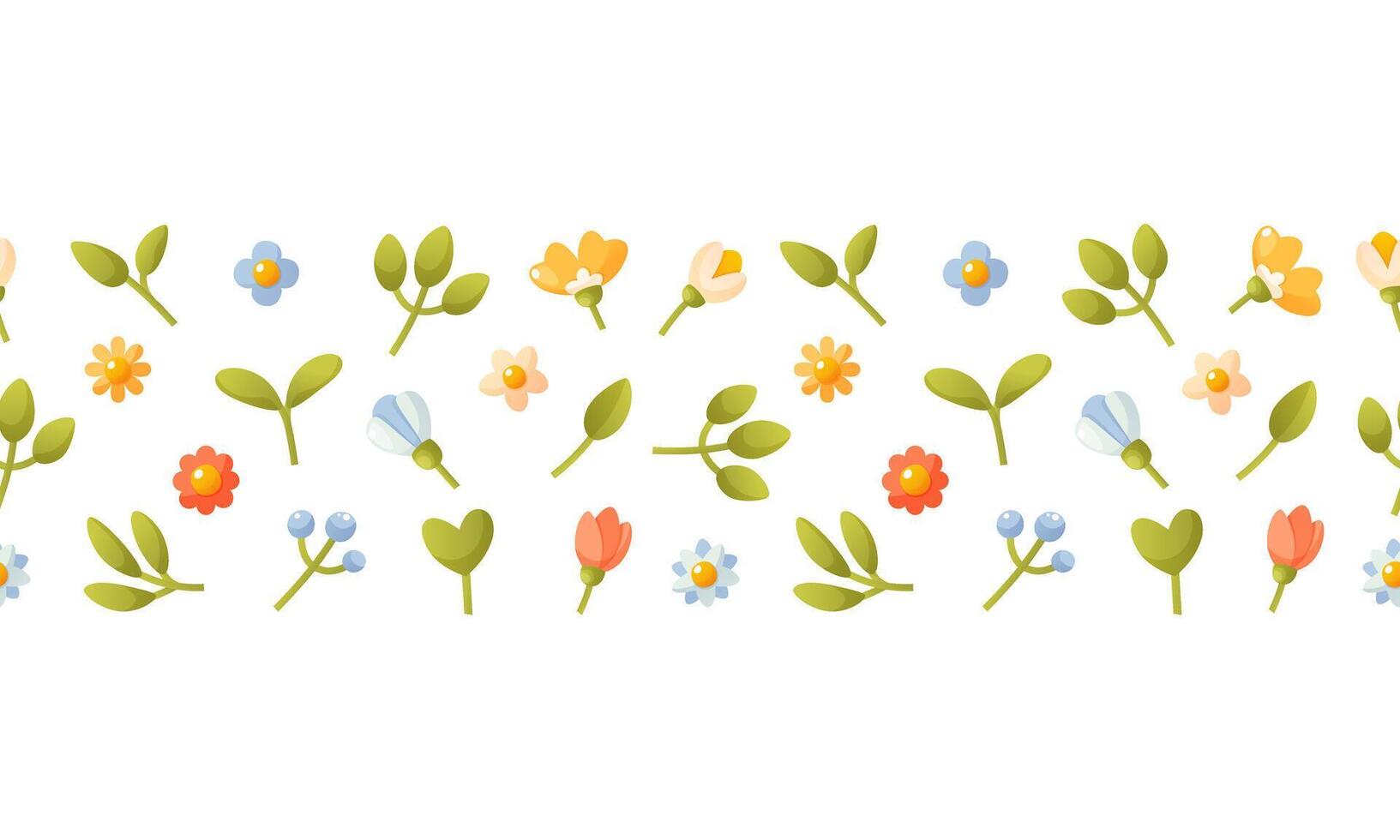 Horizontal seamless border of green foliage and cute little flowers. Floral seamless pattern on a white background. Spring background. Vector design for paper, cover, fabric, interior decor.