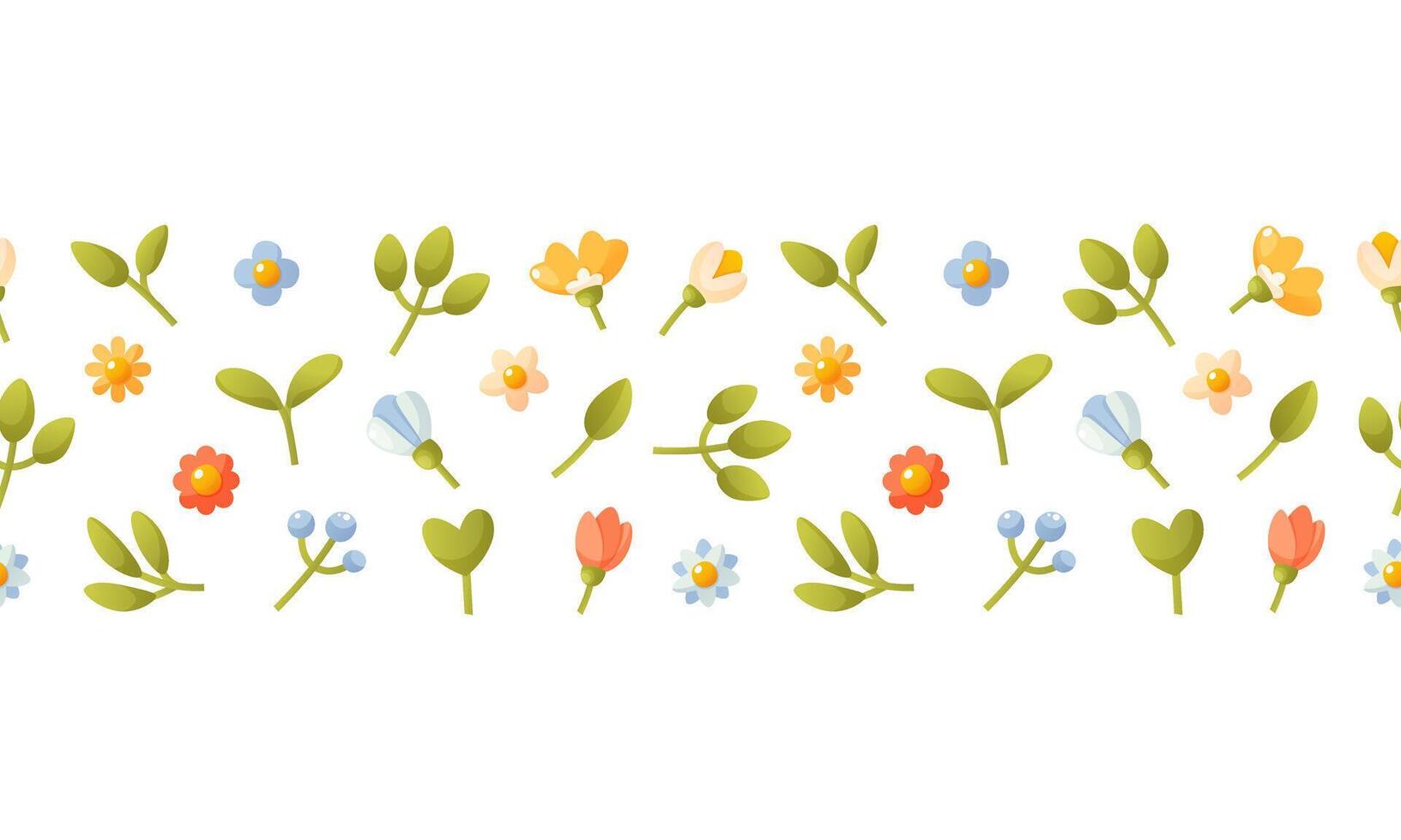 horizontal sin costura frontera de verde follaje y linda pequeño flores floral sin costura modelo en un blanco antecedentes. primavera antecedentes. vector diseño para papel, cubrir, tela, interior decoración.