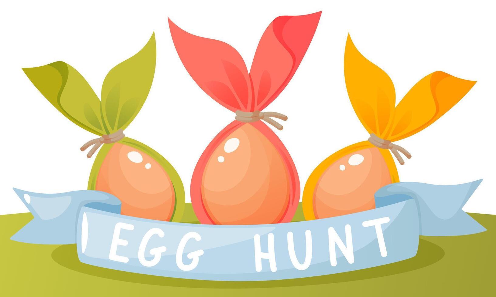 Colorful poster, banner on the theme of Easter egg hunt, Happy Easter. Multi-colored painted Easter eggs with ribbon and text on a green meadow with sun and clouds. Spring vector illustration.