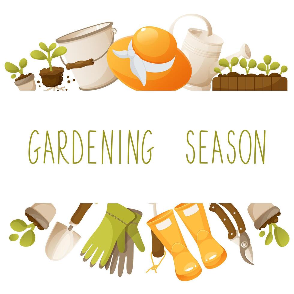 Vector design template on a garden theme, with gardening tools. With space for text in the middle. Gardening season, agricultural season. Square template frame for invitations, posters, cards