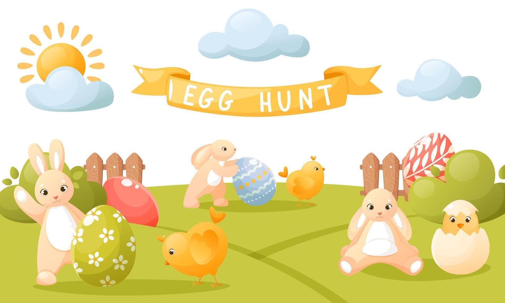 Vector cute illustration of an Easter egg hunt, with cute bunnies, chicks, Easter attributes, ribbon text and decorations. Suitable for Easter banners, invitations, cards, flyers.
