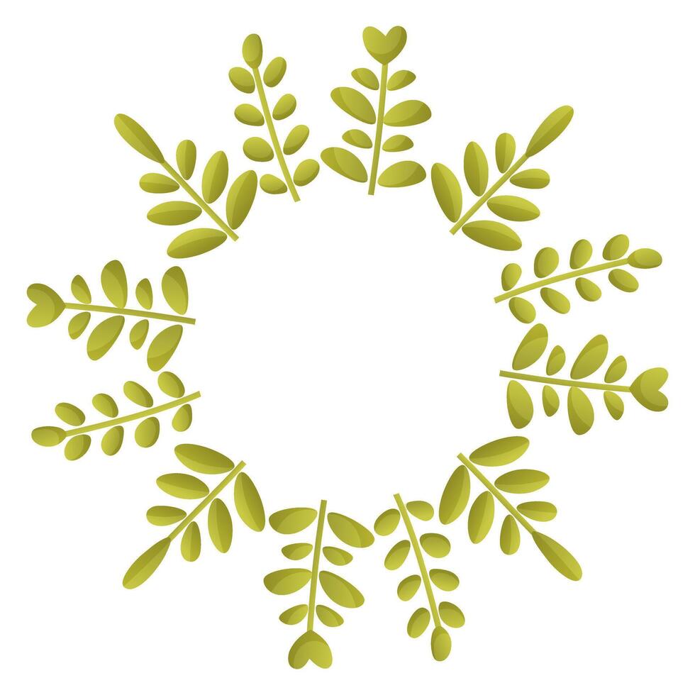 Round wreath of green leaves. Spring summer decorative wreath, round frame of foliage, grass. Round garland of green plant for the design of holiday cards, posters, wedding invitations. vector