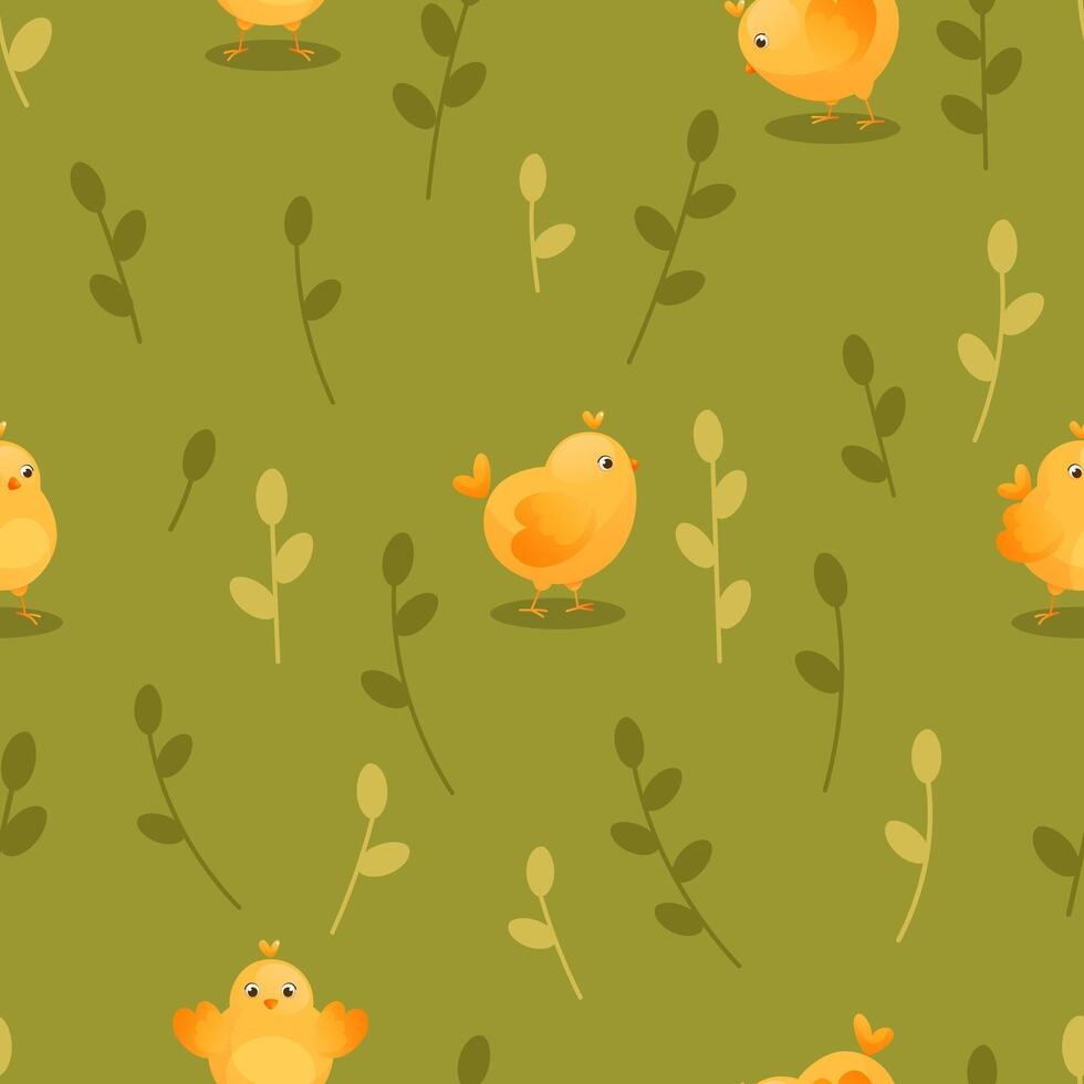 Seamless pattern with yellow chickens on a green meadow. Farm domestic small birds. Vector pattern, background with chickens and foliage. Suitable for packaging design, textiles
