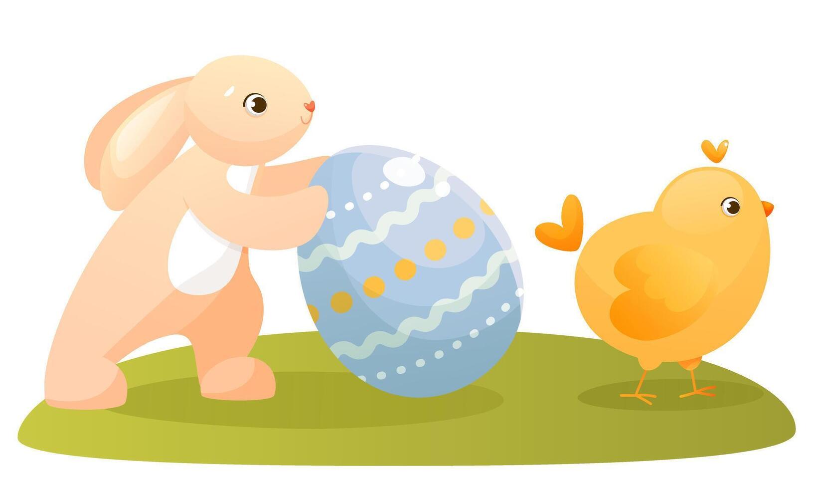 Easter bunny, chicken, and painted Easter egg. Cute pink bunny pushes easter egg forward, yellow chicken goes, egg hunt. Cute characters for Easter card or children's book vector