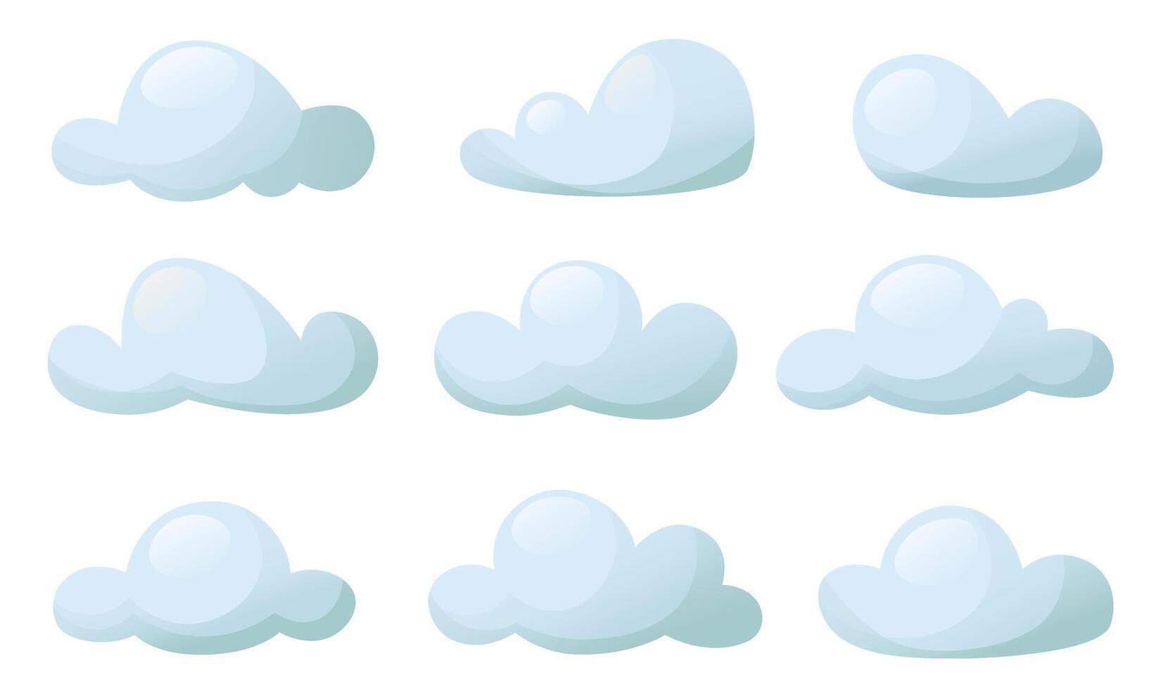 A set of volumetric cartoon clouds. Blue clouds on a white background.Cloudy weather symbol. Vector illustration, clipart.
