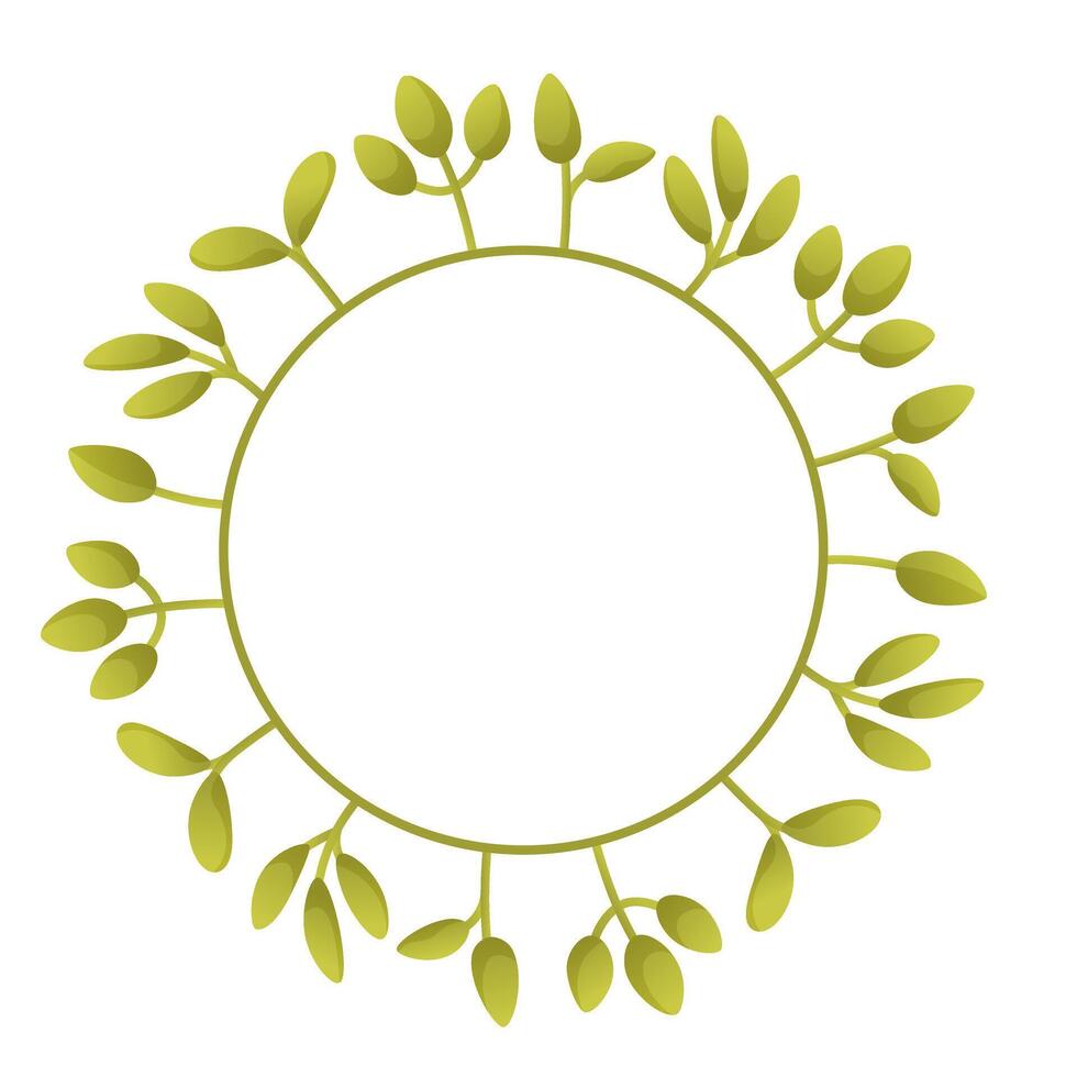 Round wreath of green leaves. Spring summer decorative wreath, round frame of foliage, grass. Round garland of green plant for the design of holiday cards, posters, wedding invitations. vector