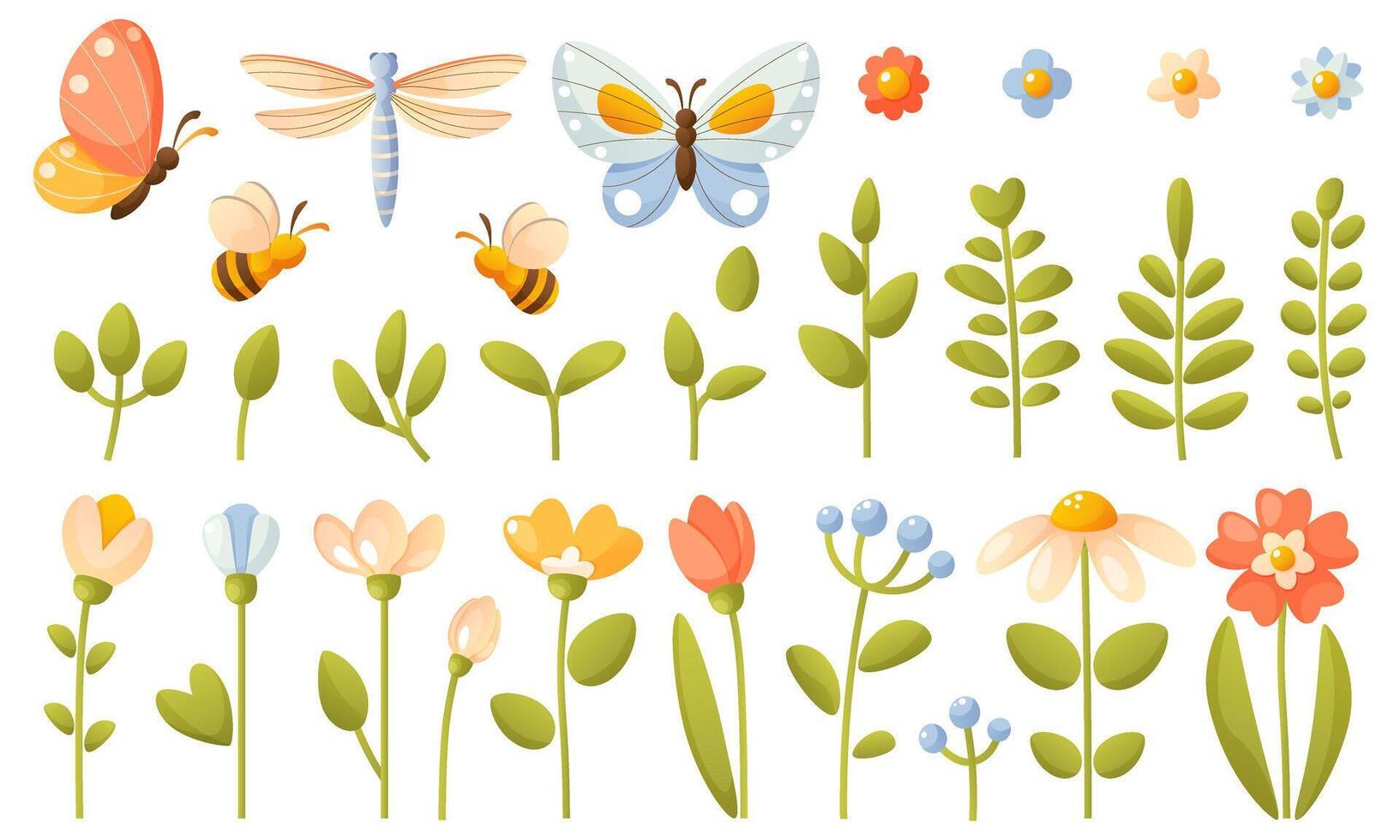 Large set with spring flowers, green leaves and insects in cartoon style. vector