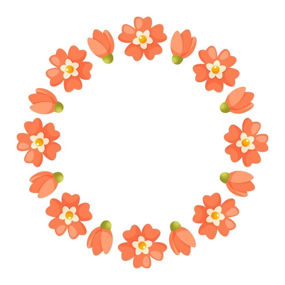 Spring summer wreath of pink red flowers. Vector illustration of a round wreath with place for text on a white background. The illustration is suitable for the design of holiday cards, posters.