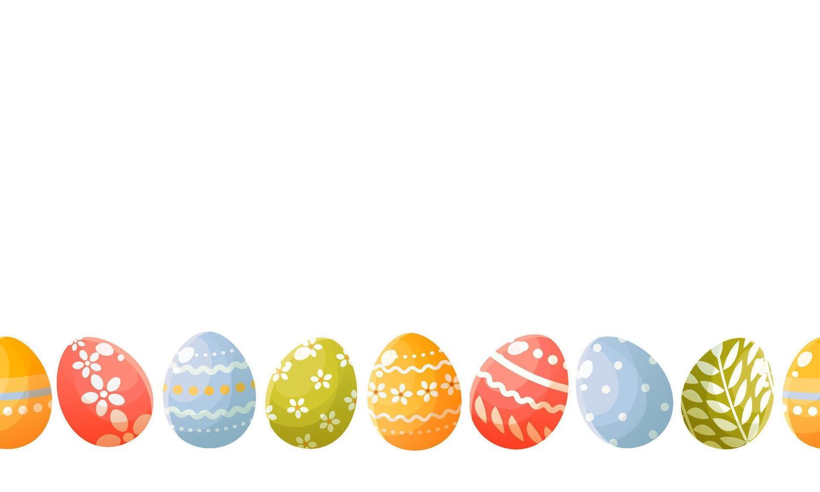 Seamless horizontal border of Easter colorful eggs with cute patterns. Happy easter. Easter banner, card, poster.Design element. Vector illustration on a white background.