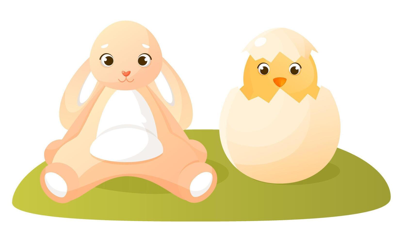 Happy easter. The Easter bunny and a chicken hatched from a shell are sitting in a green meadow. Cute pink hare and yellow chick in a shell. Cartoon characters for greeting cards, posters and banners vector