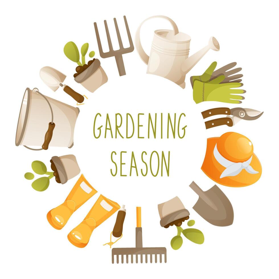 Vector round design template on a garden theme, with gardening tools. With space for text in the middle. Gardening season, agricultural season. Round frame template for invitations, posters, cards