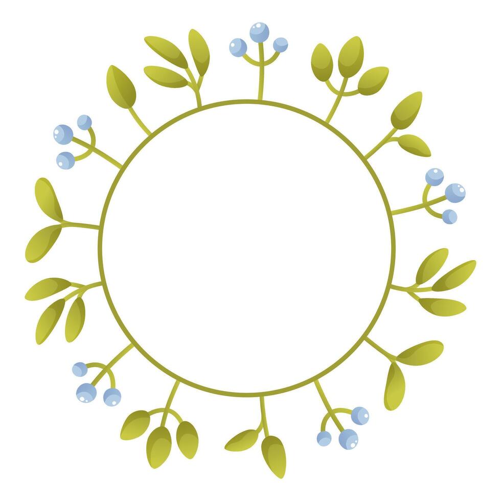 Cute floral wreath with different flowers on the stem, leaves, space for text. vector