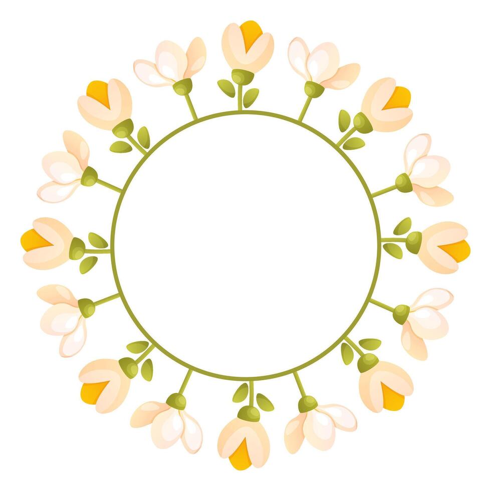 Cute floral wreath with different flowers on the stem, leaves, space for text. vector