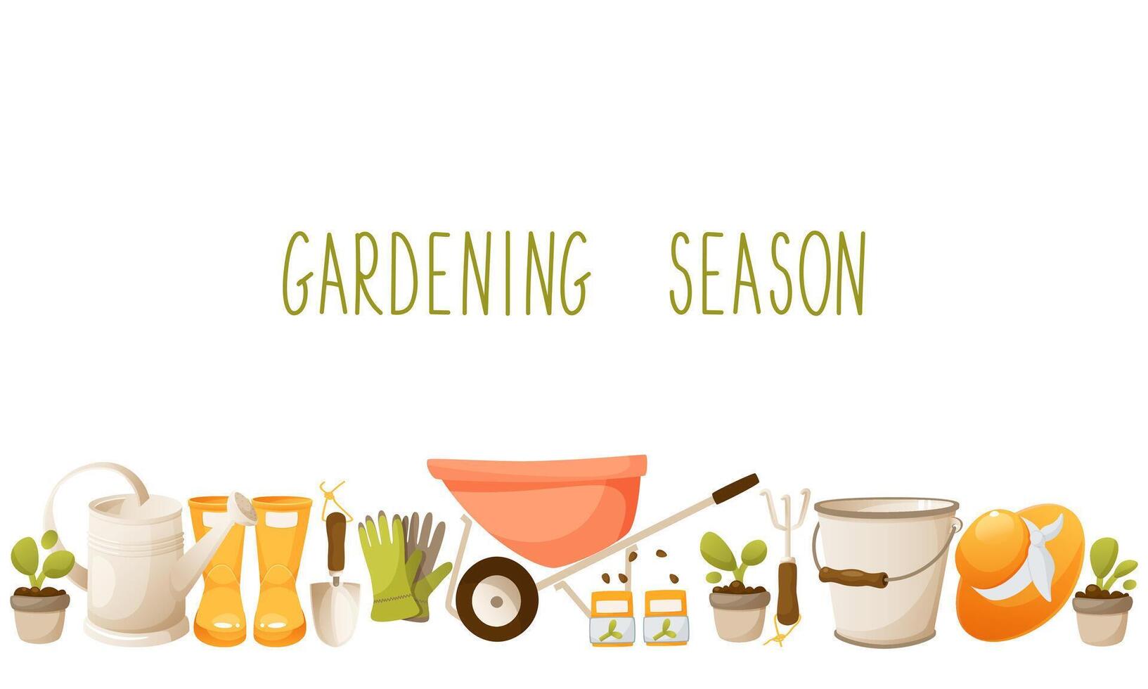 Vector design template on a garden theme, with gardening tools. With space for text. Gardening season, agricultural season. Horizontal bottom border. Template for invitations, posters, cards