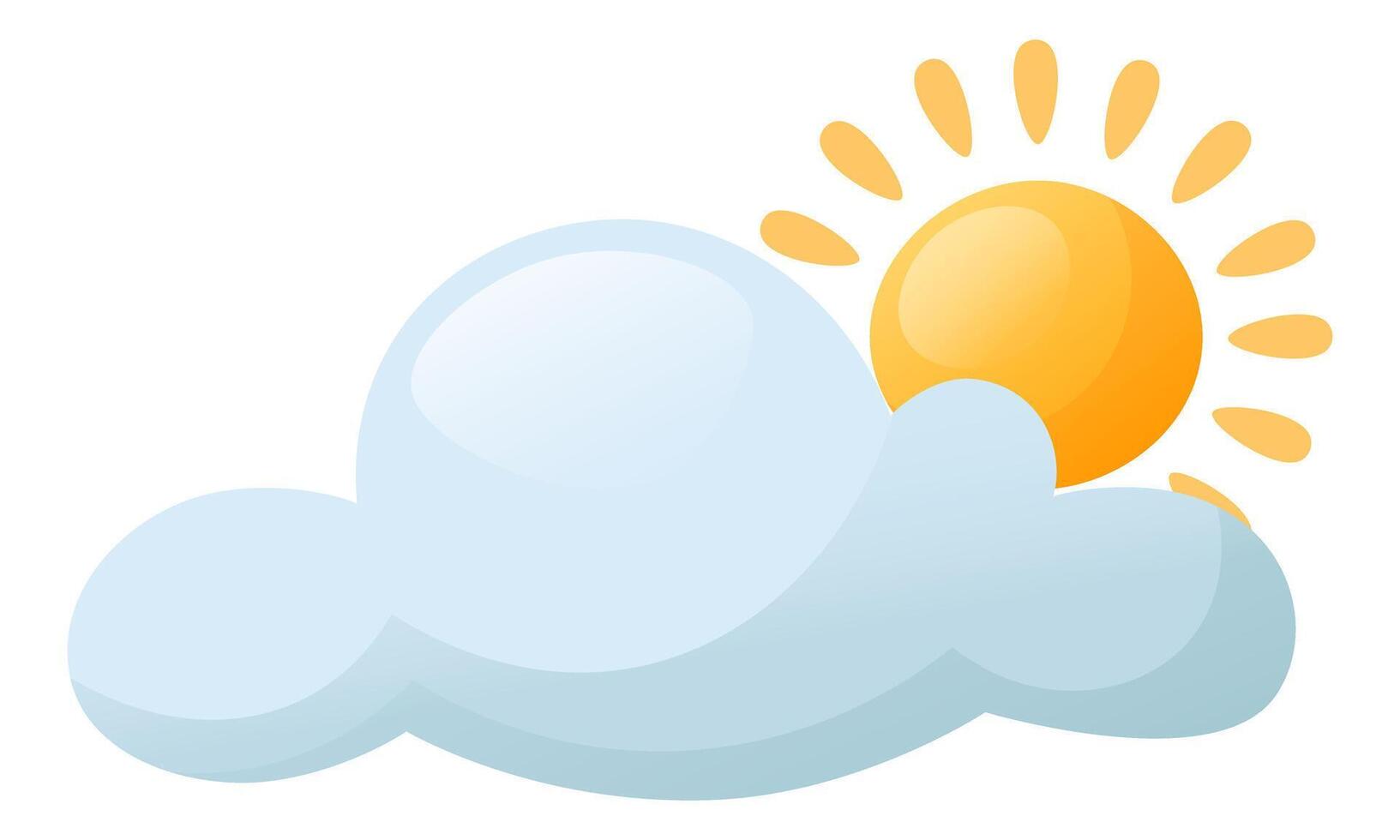 Cloud landscape, cloud with sun, sunny weather with clouds on a white background. Flat design of cartoon cloud and sun. Sunset, sunrise, daytime weather. Rain clouds with sun. vector