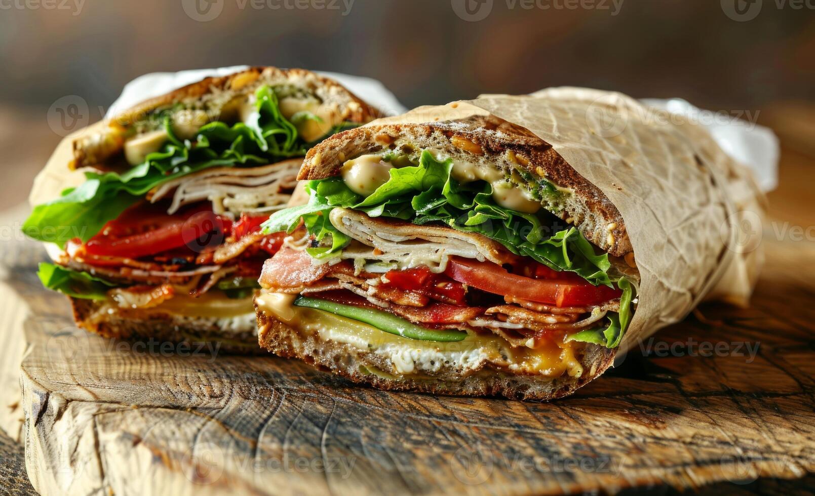 AI generated Half cut sandwich served on wooden table, mexican food stock photo