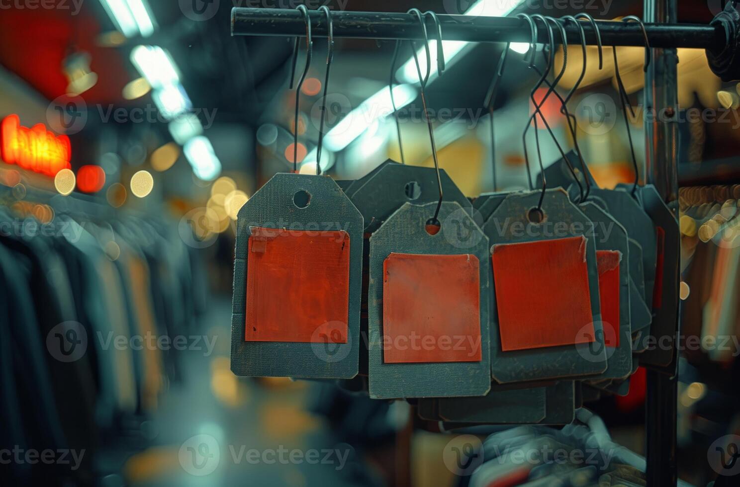 AI generated Sale tags hang on store hangers for discounted items, current inflation design photo